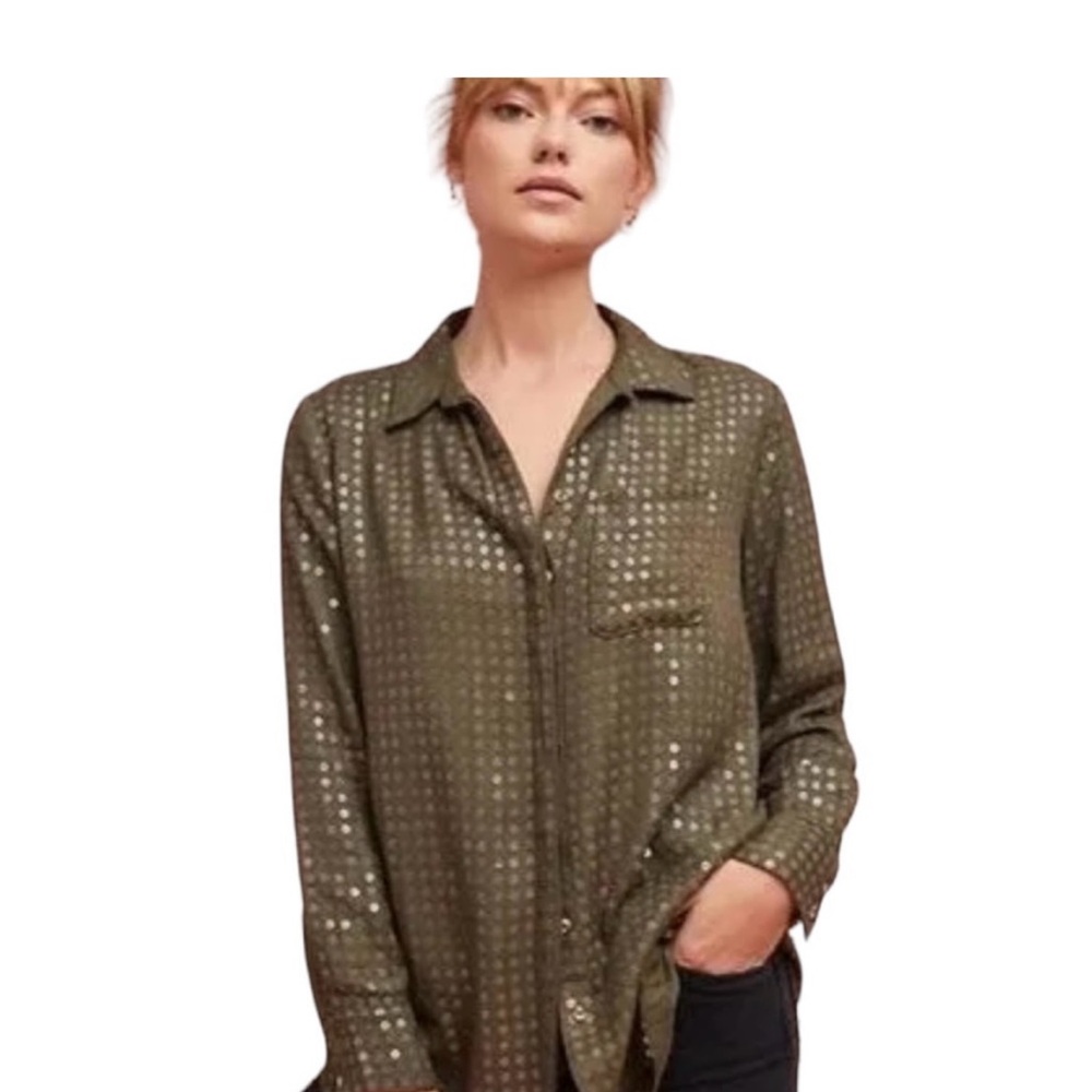 Maeve Olive Green Patterned/long-sleeve Button-Down Shirt size oversized Small